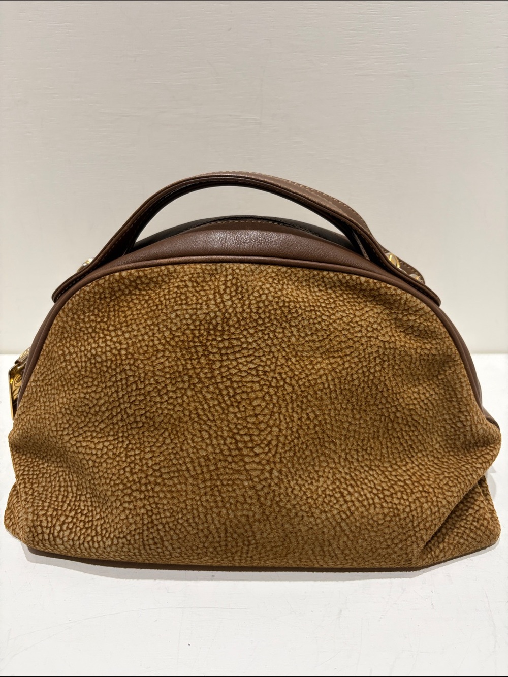 BORBONESE REDWALL Textured Brown Suede/ Leather Dome Satchel